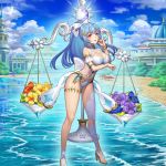  1girl alternate_costume alternate_hairstyle arm_under_breasts balance_scale blue_hair breasts building cleavage flower frigg_(valkyrie_connect) hair_ornament high_heels long_ponytail looking_at_viewer navel official_art pink_eyes sand solo valkyrie_connect water weighing_scale 