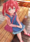  1girl :d bag bangs bench blue_dress blurry blurry_background blush dress frilled_bag frills from_above fushimi_asuha green_eyes hair_between_eyes handbag highres kurosawa_ruby long_sleeves looking_at_viewer love_live! love_live!_sunshine!! medium_hair open_mouth outdoors pink_bag pink_footwear pink_hair pink_shirt shirt sitting sleeveless sleeveless_dress smile solo sunset twintails 