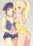  2girls ass ass_visible_through_thighs babydoll bangs bare_arms bare_shoulders black_babydoll black_hair black_panties blonde_hair blue_eyes blunt_bangs breasts collarbone commentary_request crotchless crotchless_panties earrings grey_background hands_together highres hyuuga_hinata jewelry lingerie long_hair multiple_girls naruto_(series) nipples panties pearl_thong ponytail pussy see-through short_hair shoulder_blades silver_eyes simple_background small_breasts smile ukokkei underwear yamanaka_ino yellow_babydoll yellow_panties younger 