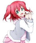  1girl bangs blush drawstring eyebrows_visible_through_hair green_eyes grey_jacket hair_between_eyes hands_up highres hood hood_down hoodie jacket kuena kurosawa_ruby long_sleeves looking_at_viewer love_live! love_live!_sunshine!! open_clothes open_jacket open_mouth pink_hoodie pink_skirt pleated_skirt red_hair simple_background skirt solo two_side_up white_background 