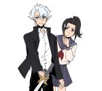  1boy 1girl aqua_eyes black_eyes black_hair bleach bleach:_the_high_school_warfare bruise bruise_on_face commentary english_commentary gakuran high_ponytail highres hitsugaya_toushirou holding holding_sword holding_weapon injury jacket kurosaki_karin open_clothes open_jacket ponytail school_uniform serafuku serious silegesi sweatdrop sword weapon white_hair zanpakutou 