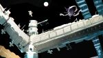  1girl 1other animal_ears black_background floating hagoromo highres long_hair long_sleeves niy_(nenenoa) one-hour_drawing_challenge purple_hair rabbit_ears rabbit_girl reisen_udongein_inaba shawl shirt simple_background skirt space space_station spacesuit sun touhou upside-down wide_shot 