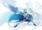  1boy absurdres arm_armor arm_markings armor auram_(yu-gi-oh!) black_gloves blue_boots blue_cape blue_eyes blue_hair blue_pants blue_trim body_markings boots breastplate cape cyber_fashion duel_monster facial_mark facing_to_the_side fighting_stance fingerless_gloves floating floating_object floating_weapon full_body gauntlets gloves goldred greatsword grey_armor headphones highres holding holding_sword holding_weapon huge_weapon leg_armor looking_to_the_side male_focus mekk-knight_crusadia_avramax pants poleyn single_bare_shoulder single_shoulder_pad spiked_hair spread_legs sword weapon white_background wide_spread_legs wind yu-gi-oh! zoom_layer 