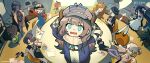  1boy 1other 6+girls absurdres alien_t apple apple_(reverse:1999) apron arm_up black_boots black_bow black_bowtie black_coat black_dress black_hat blue_coat blue_dress blue_eyes blue_hair blue_neckerchief boater_hat boots bow bowtie brown_gloves brown_hair chair checkered_hairband coat coat_on_shoulders colored_inner_hair commentary copyright_name copyright_notice cow cup dress english_commentary feet_on_table flying_paper flying_saucer food from_above fruit gloves green_eyes grey_eyes grey_hair grey_hat grey_pants grin hair_bun hairband hands_on_headwear hat highres holding holding_cup holding_saucer humanoid_robot indoors jacket joints logo long_hair lucy_(reverse:1999) marcus_(reverse:1999) medicine_pocket metal_hair mole mole_under_eye multicolored_hair multiple_girls neckerchief newsboy_cap official_art on_chair open_mouth orange_hair pants pantyhose paper red_jacket regulus_(reverse:1999) reverse:1999 robot robot_girl robot_joints round_table saucer scarf school_uniform short_hair single_side_bun sitting smile sonetto_(reverse:1999) soviet_school_uniform spacecraft standing table teacup tractor_beam traditional_bowtie ufo vertin_(reverse:1999) voyager_(reverse:1999) white_apron white_coat white_hair white_pantyhose white_scarf x_(reverse:1999) yellow_eyes 