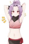  1girl absurdres arms_behind_head artist_name bandana bandana_around_neck black_bandana closed_mouth cowboy_shot crop_top flat_chest highres kunoichi_tsubaki_no_mune_no_uchi looking_at_viewer midriff navel pinepin purple_hair red_eyes sazanka_(kunoichi_tsubaki_no_mune_no_uchi) simple_background smile solo stomach white_background 