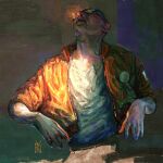  1boy bomber_jacket buzz_cut cigarette commentary disco_elysium english_commentary holding holding_lighter jacket kim_kitsuragi lighter male_focus orange_jacket round_eyewear shirt short_hair smoking solo very_short_hair white_shirt yan-may-fire 