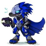  1:1 3_fingers 3_toes alien anthro arm_feathers arm_tuft armor avian blue_body blue_eyes blue_feathers cape chibi clothing colored digitigrade feather_hair feather_piercing feathered_crest feathers feet female fingers furgonomic_piercing furgonomics glint gun halo_(series) head_crest hi_res holding_gun holding_object holding_ranged_weapon holding_weapon kig-yar maz_fel microsoft piercing plasma_pistol porkyratt pseudo_hair pupils ranged_weapon scalie slit_pupils solo standing t'vaoan toes tuft weapon xbox_game_studios 