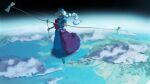  1girl arrow_(projectile) atmospheric_perspective blue_dress blue_hat bow_(weapon) braid commentary_request dress earth_(planet) floating floating_hair full_body hat highres holding holding_arrow holding_bow_(weapon) holding_weapon long_dress long_hair niy_(nenenoa) ocean planet red_dress single_braid solo space touhou two-tone_dress weapon wide_shot yagokoro_eirin 
