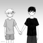  2boys alternate_costume antenna_hair artist_name basil_(faraway)_(omori) basil_(omori) blush bright_pupils closed_mouth double-parted_bangs flower greyscale hair_between_eyes hair_flower hair_ornament highres holding_hands krerue looking_at_another male_focus monochrome multiple_boys omori shirt short_hair short_sleeves shorts sidelocks smile sunny_(omori) t-shirt 