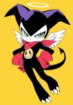  bandana bandana_around_neck commentary_request digimon digimon_(creature) feathered_wings floating_hair full_body halo highres impmon red_bandana simple_background smiley_face solo traditional_halo white_wings wings yellow_background yuzuaccident 