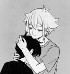  2boys alternate_costume antenna_hair basil_(faraway)_(omori) basil_(omori) closed_eyes closed_mouth commentary double-parted_bangs english_commentary greyscale hair_between_eyes highres hug krerue male_focus monochrome multiple_boys omori shirt short_hair short_sleeves sidelocks simple_background spoilers sunny_(omori) t-shirt tearing_up 