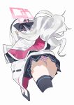  1girl ass black_skirt black_thighhighs blue_archive commentary cropped_legs hairband halo jacket kei_(blue_archive) kei_(new_body)_(blue_archive) long_hair measho panties pink_halo pink_panties pleated_skirt rectangular_halo romaji_commentary simple_background skirt solo striped_clothes striped_panties thighhighs underwear white_background white_jacket 