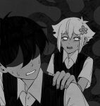  2boys antenna_hair basil_(faraway)_(omori) basil_(omori) clenched_teeth collared_shirt commentary double-parted_bangs english_commentary greyscale hair_between_eyes hand_on_another's_shoulder highres krerue looking_at_another male_focus monochrome multiple_boys no_eyes omori open_mouth shirt short_hair short_sleeves sidelocks something_(omori) spoilers sunny_(omori) sweater_vest teeth tongue upper_teeth_only 