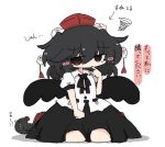  1girl averting_eyes bird black_hair black_necktie black_ribbon black_skirt blush collared_shirt commentary_request crow embarrassed finger_to_mouth frilled_skirt frills hat kuuinusuki medium_hair messy_hair necktie oekaki pom_pom_(clothes) red_eyes red_hat ribbon seiza shameimaru_aya shirt short_sleeves simple_background sitting skirt solo tengu tokin_hat touhou translation_request white_background white_shirt wings 
