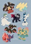  6+others absol absurdres banette blue_background blue_fur closed_eyes colored_skin commentary_request dress elbow_gloves extra_mouth fangs gardevoir gem ghost gloves golurk highres horns manectric mawile mega_absol_z mega_banette mega_evolution mega_gardevoir mega_golurk mega_manectric mega_mawile mega_meowstic mega_pokemon mega_sableye meowstic multiple_others pokemon pokemon_(creature) purple_skin red_eyes red_gem sableye simple_background single_horn two-tone_fur white_dress white_gloves yellow_fur yellow_skin zozozoshion 
