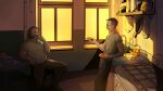  2boys belly black_hair brown_hair buzz_cut collared_shirt commentary disco_elysium english_commentary facial_hair feet_out_of_frame food fruit hair_slicked_back harry_du_bois highres holding holding_food holding_fruit kim_kitsuragi kitchen looking_at_another male_focus mullet multiple_boys mutton_chops round_eyewear shirt short_hair showerwhoops slice_of_life standing t-shirt very_short_hair warm_colored white_shirt window_light 