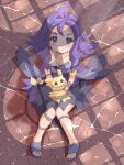 1girl :3 acerola_(pokemon) armband back_bow black_dress blush bow breasts cleavage collarbone colored_eyebrows commentary_request creature creature_on_lap dress grey_eyes highres holding holding_creature lightning looking_at_viewer medium_hair mimikyu on_floor platform_sandals pokemon pokemon_sun_and_moon purple_hair sandals shade short_sleeves sitting smile solo unkimo 