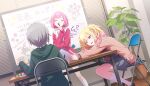  3girls black_shoes blonde_hair bob_cut brown_cardigan cardigan chair closed_eyes closed_mouth colorful_palette connect_hearts_message_(project_sekai) frown game_cg gradient_hair green_hoodie grey_hair grey_skirt highres hinomori_shiho holding holding_marker hood hoodie jacket marker medium_hair miyamasuzaka_girls'_academy_school_uniform multicolored_hair multiple_girls official_art ootori_emu open_clothes open_jacket phenny_(project_sekai) pink_eyes pink_hair pink_jacket plant potted_plant project_sekai school_uniform shoes short_hair sitting skirt socks sweatdrop table tenma_saki third-party_source translation_request u_u white_socks whiteboard 
