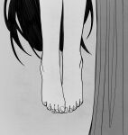  1girl absurdly_long_hair barefoot commentary english_commentary greyscale highres krerue long_hair mari_(faraway)_(omori) mari_(omori) monochrome omori simple_background solo spoilers very_long_hair 