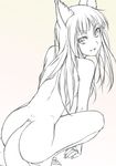  animal_ears barefoot fang greyscale holo long_hair looking_back mizuki_makoto monochrome nude smile solo spice_and_wolf tail wolf_ears work_in_progress 