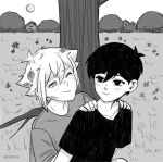  2boys alternate_costume antenna_hair artist_name basil_(faraway)_(omori) basil_(omori) blush bright_pupils closed_mouth collarbone double-parted_bangs flower grass greyscale hair_between_eyes hands_on_another's_shoulders highres krerue leaf leaf_on_head male_focus monochrome multiple_boys omori one_eye_closed outdoors shirt short_sleeves sidelocks smile sunny_(omori) t-shirt teeth tree 