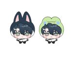  1boy animal_hood black_hair cat_hood chibi chibi_only ear_piercing earrings frog_hood full_body green_eyes hair_ornament hairclip highres hood jewelry looking_at_viewer male_focus multiple_views pearl_hair_ornament piercing pyeongjong robo_frostor screw shirt simple_background skoshism stud_earrings virtual_youtuber white_background white_shirt 