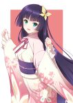  1girl aqua_eyes black_hair blunt_bangs border bow breasts commentary_request cowboy_shot frilled_sleeves frills gradient_clothes gradient_kimono hair_bow highres hime_cut ikizulive!_love_live!_bluebird japanese_clothes kimizuka_aoi kimono komagata_hanabi layered_sleeves long_hair long_sleeves looking_at_viewer love_live! medium_breasts neck_ribbon obi obijime outside_border pinching_sleeves pink_kimono pink_shrug purple_hair purple_sash red_background red_ribbon ribbon sash short_over_long_sleeves short_sleeves shrug_(clothing) sidelocks simple_background sleeves_past_wrists solo very_long_hair white_border white_kimono yellow_bow 