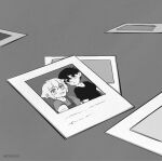  2boys alternate_costume antenna_hair artist_name basil_(faraway)_(omori) basil_(omori) bright_pupils double-parted_bangs greyscale hair_between_eyes highres krerue looking_at_viewer male_focus monochrome multiple_boys omori open_mouth overalls parted_lips photo_(object) shirt short_hair short_sleeves sidelocks simple_background sunny_(omori) t-shirt teeth 