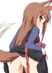  9law animal_ears ass brown_eyes dress dress_lift fang holo long_hair no_panties red_eyes solo spice_and_wolf tail wolf_ears 