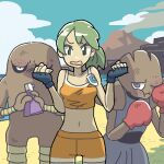  1girl 2others blood boxing_gloves bruise bruised_eye clenched_hands cowboy_shot crush_girl_(pokemon) fingerless_gloves gloves green_hair hitmonchan hitmonlee injury looking_at_viewer midriff multiple_others navel nosebleed open_mouth orange_shirt orange_shorts pokemon pokemon_firered_and_leafgreen ponytail potion saboteri_(savot) shirt shorts volcano vs_seeker 