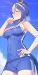  1girl absurdres amepa_(ame_pinecandy) animal_ears blue_hair blue_sky braid breasts cesario_(umamusume) commentary_request cowboy_shot crown_braid day ear_ornament highres horse_ears horse_girl horse_tail looking_to_the_side medium_breasts multicolored_hair outdoors purple_eyes school_swimsuit sky solo streaked_hair sweat swimsuit tail tracen_swimsuit umamusume visible_air white_hair 