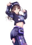  1girl 5th_live_tour_~4pair_power_spread!!!!~ :3 animification blush brown_hair choker closed_mouth commentary cowboy_shot crop_top cropped_sweater crotchless crotchless_pants frontrivers_kae grey_eyes highres jewelry kurusu_rin linea_alba link!_like!_love_live! long_sleeves looking_at_viewer love_live! midriff mole mole_under_eye navel nyao_signyal pants paw_pose print_sweater purple_choker purple_pants purple_shorts purple_sweater real_life ring shorts simple_background sleeves_past_wrists smile solo sweater voice_actor white_background 