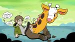  antlers belt blue_eyes blush blush_lines bottomwear brown_hair clothing cloven_hooves dialogue footwear fur generation_2_pokemon girafarig grass green_eyes hair heart_symbol hearts_around_head hi_res hooves horn human jacket kyp_(character) male mammal markings mid_transformation nintendo onomatopoeia pants pink_nose plant pokemon pokemon_(species) respecies shirt shoes solo sound_effects speech_bubble spikes spikes_(anatomy) spots spotted_body spotted_fur text topwear torn_clothing transformation upside_down_transformation yellow_body yellow_fur 
