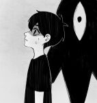  1boy antenna_hair commentary crying crying_with_eyes_open english_commentary greyscale hair_between_eyes highres krerue male_focus monochrome omori parted_lips shirt short_hair short_sleeves simple_background solo something_(omori) spoilers sunny_(omori) t-shirt tears upper_body 