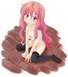  black_legwear camisole flo long_hair louise_francoise_le_blanc_de_la_valliere no_panties parted_lips pink_eyes pink_hair sitting solo strap_slip thighhighs torn_clothes underwear wariza zero_no_tsukaima 