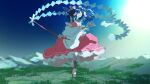  1girl arm_up bow commentary_request detached_sleeves floating full_body gohei hair_bow hakurei_reimu highres holding holding_gohei holding_ofuda landscape looking_to_the_side niy_(nenenoa) ofuda one-hour_drawing_challenge outdoors red_bow red_shirt red_skirt scenery shirt skirt sleeveless sleeveless_shirt solo touhou 