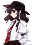 1girl bow brown_eyes brown_hair brown_hat brown_skirt closed_mouth collared_shirt commentary hair_bow hat highres long_hair long_sleeves looking_at_viewer necktie red_necktie shirt shirt_tucked_in simple_background skirt solo tama_(hiroshige_36) touhou usami_renko watermark white_background white_bow white_shirt 