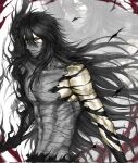  1boy alternate_hair_length_(longer) bandaged_head bandaged_torso bandages black_hair bleach collarbone commentary corrupted_twitter_file highres holding holding_sword holding_weapon kurosaki_ichigo male_focus muscular muscular_male pectorals red_eyes saigo_no_getsuga_tenshou simple_background solo sword untranslatable_commentary upper_body weapon white_background xixixixi_xi zanpakutou zoom_layer 
