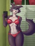  abs absurd_res anadukune anthro beastars blush breasts canid canine canis clothing electronics embarrassed embarrassed_horny female hi_res juno_(beastars) locker locker_room mammal navel phone pink_clothing pink_underwear school solo taking_picture taking_selfie underwear using_phone wolf 