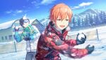  2boys :d aoyagi_touya aqua_jacket black_gloves black_hat black_pants blonde_hair blue_hair blue_sky breath cloud colorful_palette game_cg gloves green_eyes hair_between_eyes hat highres holding holding_snowball jacket lower_teeth_only male_focus multicolored_hair multiple_boys official_art orange_hair outdoors pants pine_tree project_sekai red_jacket shinonome_akito sky smile snowball special_present_for_you!_(project_sekai) split-color_hair streaked_hair teeth third-party_source tongue tree two-tone_hair white_jacket 