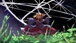  1girl blonde_hair blue_shirt collared_shirt commentary_request flower full_body grass green_eyes highres juliet_sleeves light_rays long_sleeves night niy_(nenenoa) one-hour_drawing_challenge open_mouth outstretched_arms overlighting photokinesis puffy_sleeves red_skirt sash shirt short_twintails skirt sky smile solo spread_arms star_(sky) starry_sky sunny_milk touhou twintails waist_sash wide_sleeves 