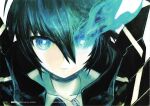  1girl absurdres black_hair black_rock_shooter black_rock_shooter_(character) black_rock_shooter_(game) blue_eyes blue_fire close-up dog_tags eyelashes fire flaming_eye glowing glowing_eyes highres huke incredibly_absurdres official_art pale_skin production_art scan solo stella_(black_rock_shooter) 