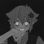  1boy @_@ antenna_hair artist_name basil_(faraway)_(omori) basil_(omori) clenched_teeth collared_shirt crying crying_with_eyes_open double-parted_bangs flower greyscale hair_between_eyes hair_flower hair_ornament highres krerue male_focus monochrome omori open_mouth shirt short_hair short_sleeves sidelocks simple_background solo sweater_vest tears teeth 