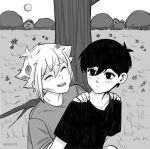  2boys alternate_costume antenna_hair artist_name basil_(faraway)_(omori) basil_(omori) blush bright_pupils closed_eyes closed_mouth collarbone double-parted_bangs flower grass greyscale hair_between_eyes hands_on_another's_shoulders highres krerue leaf leaf_on_head male_focus monochrome multiple_boys omori open_mouth outdoors shirt short_sleeves sidelocks smile sunny_(omori) t-shirt teeth tree upper_teeth_only 