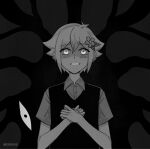  1boy antenna_hair artist_name basil_(faraway)_(omori) basil_(omori) collared_shirt double-parted_bangs flower greyscale hair_between_eyes hair_flower hair_ornament highres krerue looking_at_viewer male_focus monochrome omori parted_lips shirt short_hair short_sleeves sidelocks solo something_(omori) sweater_vest teeth upper_body 
