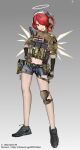  1girl absurdres alternate_costume ammunition_pouch arknights artist_name black_shoes blue_shorts brown_gloves chest_rig commentary ear_protection energy_wings english_commentary exusiai_(arknights) full_body gloves hair_over_one_eye halo highres knee_pads kuroinu9 load_bearing_vest looking_at_viewer midriff navel open_mouth orange_eyes pouch red_hair shoes shorts single_knee_pad smile solo tactical_clothes twitter_username 
