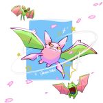  alternate_color bat_wings cherry_blossoms color_96810 colored_skin commentary_request crobat evolutionary_line falling_petals flying full_body golbat green_skin highres no_humans petals pink_petals pink_skin pokemon pokemon_(creature) pokemon_focus shiny_pokemon sparkle star_(symbol) twitter_username wings zubat 