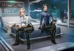  2girls advanced_ship_(eve_online) aircraft arm_support arm_tattoo asymmetrical_hair attack_ship_(eve_online) audia_pahlevi bedroom black_boots black_hair black_pants blanket blonde_hair blue_eyes book bookshelf boots breasts brown_eyes building city_lights closed_mouth cloud cloudy_sky collared_shirt commentary commission crossed_legs damillia_seraph_(theburning1) destroyer_(eve_online) english_commentary eve_online facial_tattoo fingerless_gloves full_body gallente_federation_(eve_online) gloves glowing grey_pants gun handgun hecate_(eve_online) high_heel_boots high_heels highres holding holding_gun holding_magazine_(weapon) holding_weapon indoors knee_boots lips lipstick long_sleeves looking_at_viewer magazine_(weapon) makeup mass_effect_(series) mechanical_arms medium_breasts military_vehicle multiple_girls night nose on_bed pants pillow prosthesis prosthetic_arm rain roden_shipyards_(eve_online) science_fiction shirt short_hair single_mechanical_arm sitting sky skyscraper spacecraft tactical_destroyer_(eve_online) tattoo tech_3_ship_(eve_online) weapon white_shirt window 
