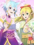  2girls :d absurdres alternate_breast_size_(smaller) alternate_costume animal_ear_fluff animal_ears artist_name bare_shoulders blonde_hair blue_eyes blue_hair braid breasts cat_ears cat_girl collar collarbone collared_kimono commentary_request detached_sleeves double-parted_bangs floating_hair floral_background floral_print floral_print_kimono floral_print_sash floral_print_sleeves frilled_collar frilled_kimono_collar frilled_sleeves frills green_eyes green_kimono green_ribbon green_sash hair_between_eyes hair_ribbon high_ponytail highres japanese_clothes kimono leafa_(sao) long_hair long_sleeves looking_at_viewer medium_breasts medium_hair multiple_girls pointy_ears ponytail print_kimono purple_background purple_kimono purple_sash purple_trim red_ribbon ribbon sash sidelocks sinon sinon_(sao-alo) sleeveless sleeveless_kimono smile sword_art_online tu_tora2 twin_braids twitter_username upper_body watermark white_kimono yellow_trim 