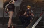  1boy 1girl armor bare_legs black_skirt blonde_hair brown_gloves buster_sword cloud_strife commentary_request crop_top final_fantasy final_fantasy_vii gloves huge_weapon long_hair looking_at_another low-tied_long_hair miniskirt outdoors parted_lips piaoluo_de_fei_yu rain shoulder_armor sitting skirt sleeveless sleeveless_turtleneck spiked_hair standing sweater sword tank_top tifa_lockhart train_station turtleneck turtleneck_sweater weapon white_tank_top 